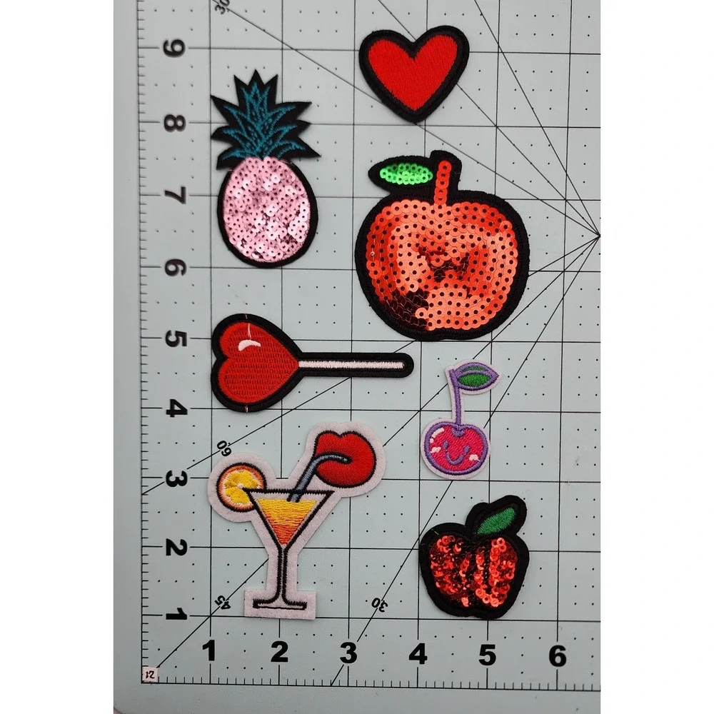 FUN MIXED LOT OF 7 FRUIT‎ EMBROIDERED PATCHES CHERRIES PINEAPPLE APPLES Sequined